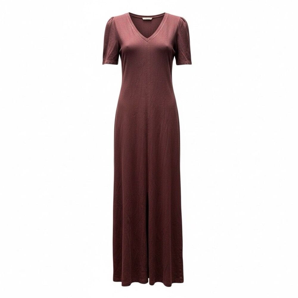 Lilla P Brown Maxi Dress XS V-Neck Short Sleeve Soft Jersey Minimalist Chic